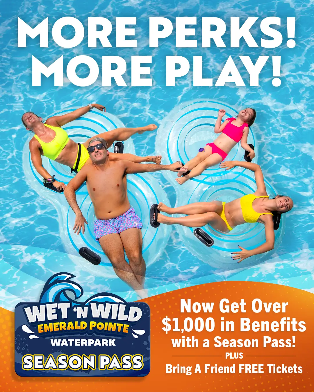 Family floating on inner tubes in pool