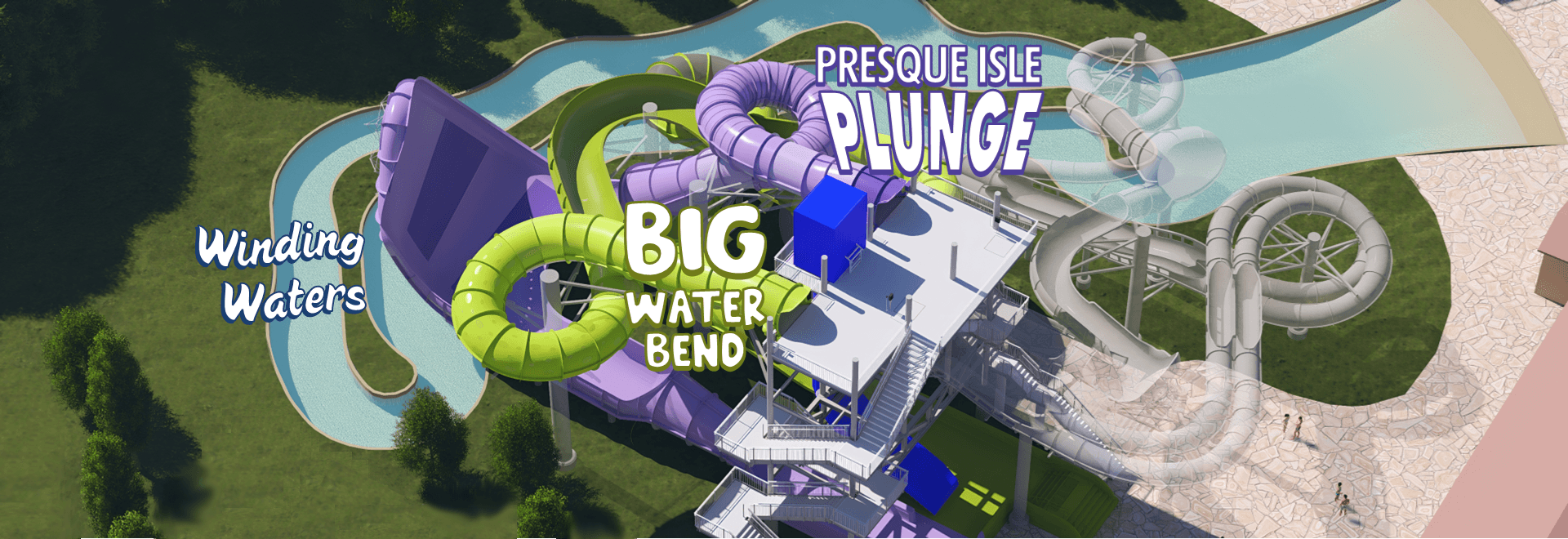 Digital rendering of new slides and endless river attractions coming to Water World in 2026.