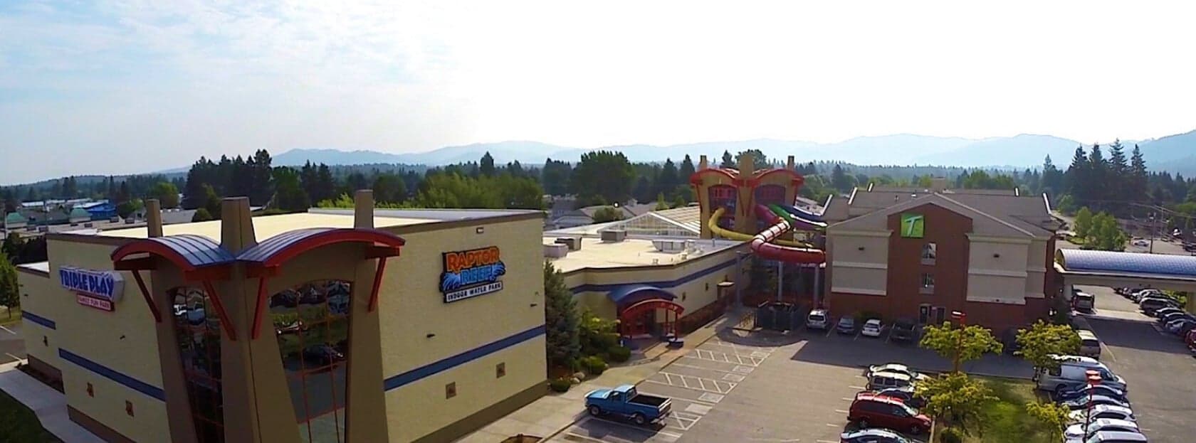 Outside aerial shot of the Triple Play center and attached resort