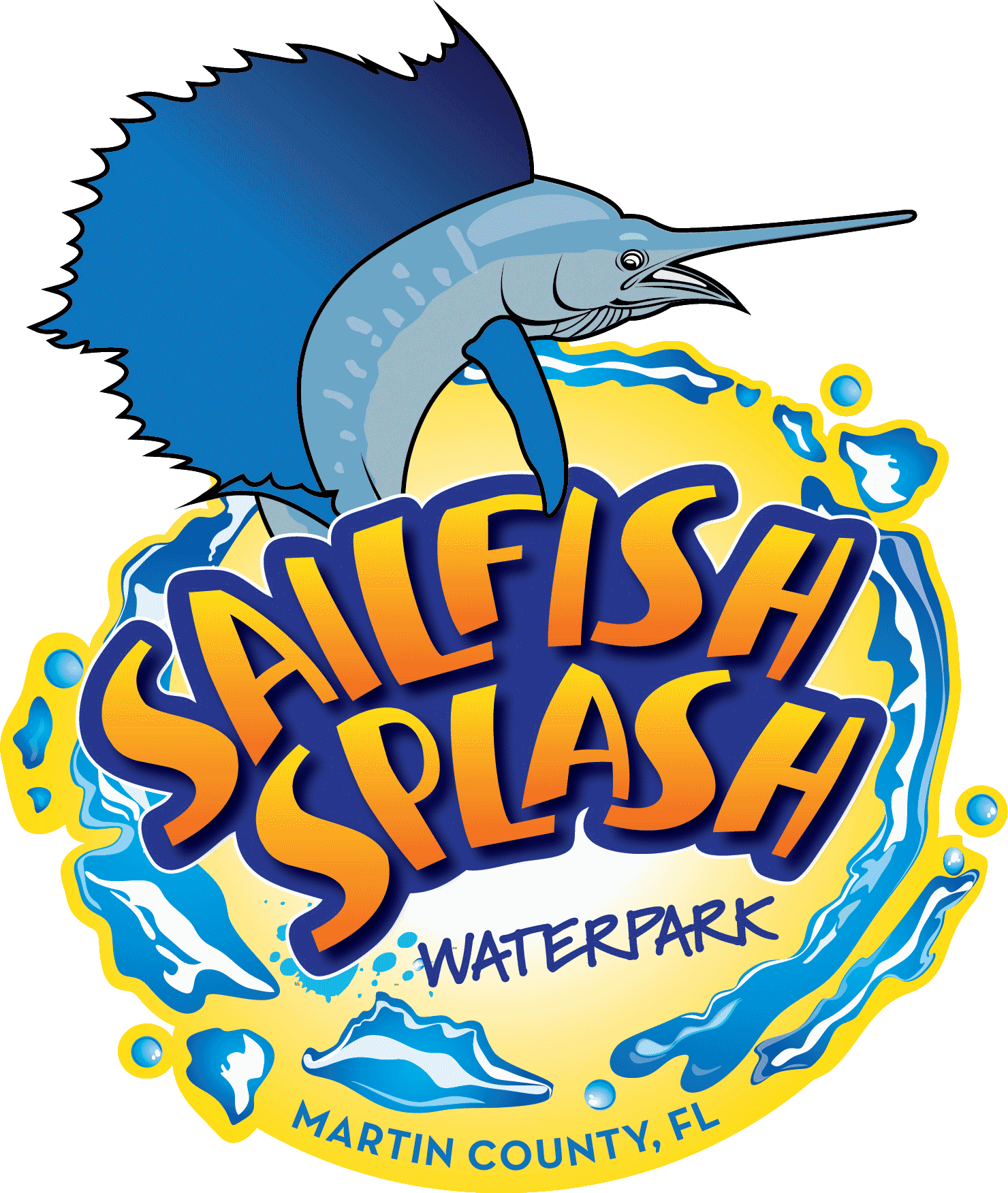 A cartoon, blue sailfish over Sailfish Slash text that is circled in droplets of water.