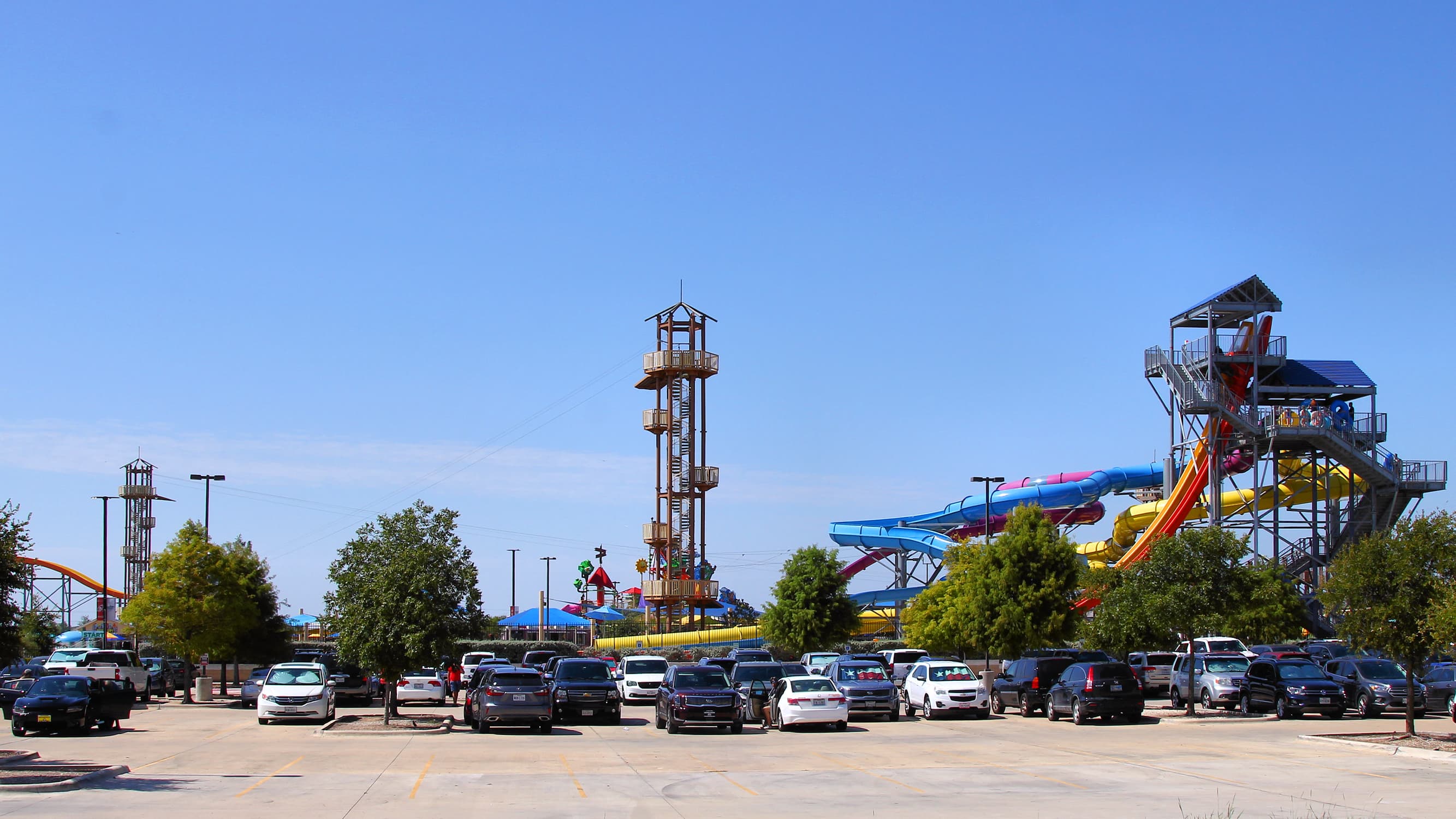 A slide complex at Typhoon Texas Waterpark in Austin, Texas
