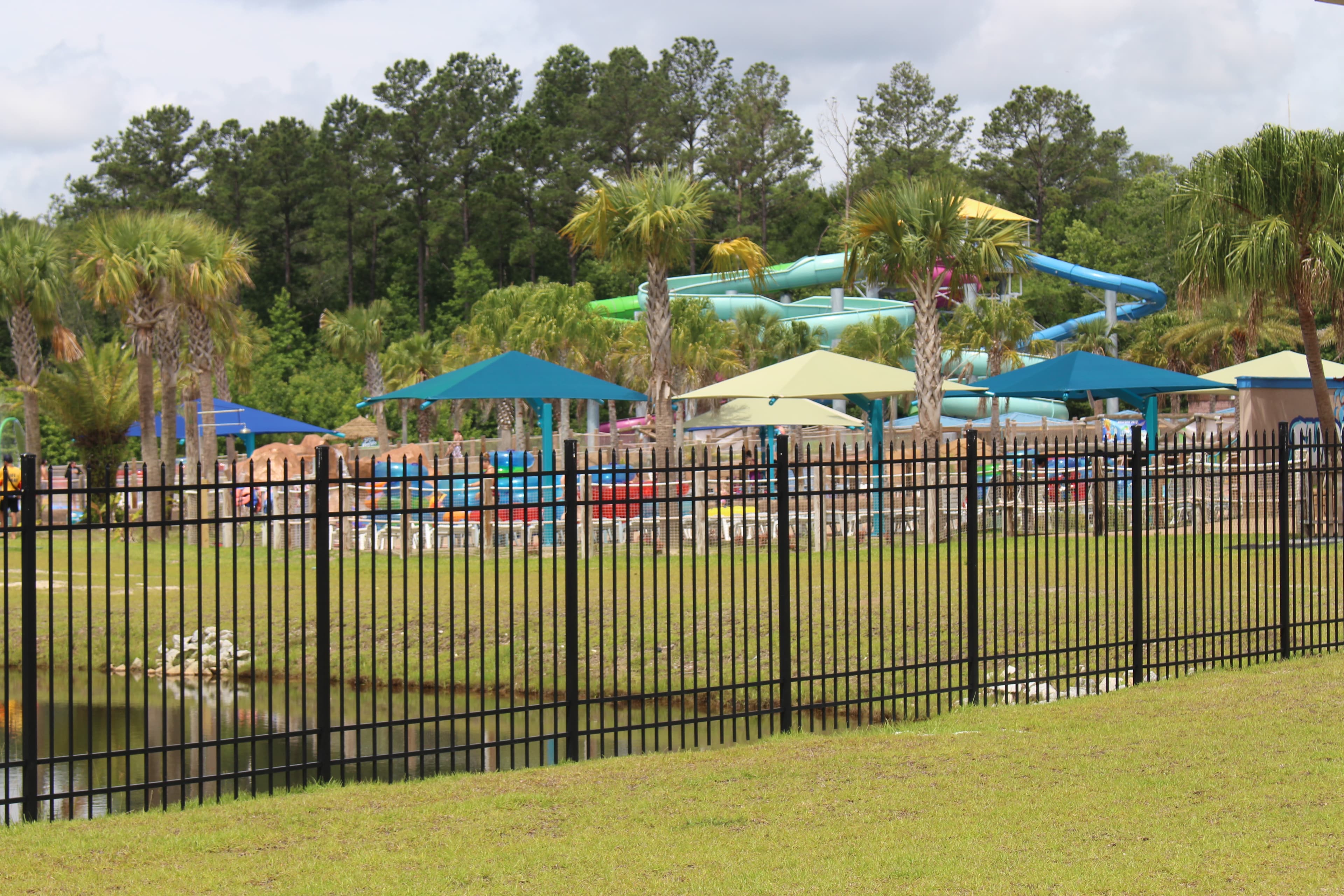 A tall slide tower at a Surf Lagoon water park